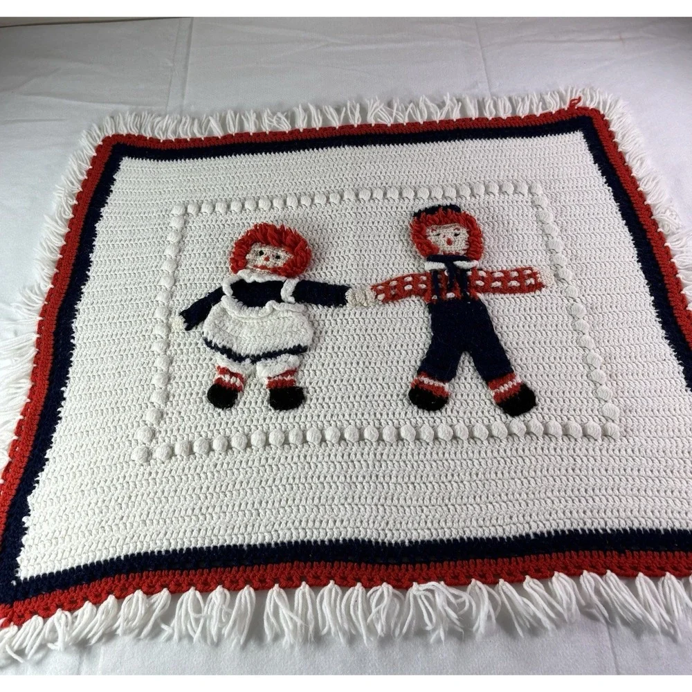Hand Knitted Raggedy Ann & Andy Crib Blanket Afghan 3D 38